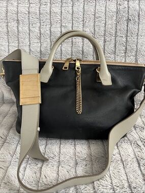 Chloe black leather two-way bag with gray leather handles and crossbody strap